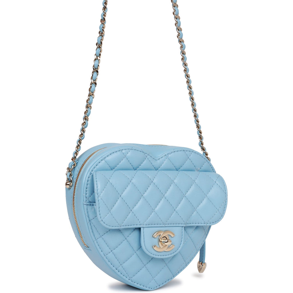 22S CC In Love Blue Lambskin Quilted Large Heart Bag Light Gold