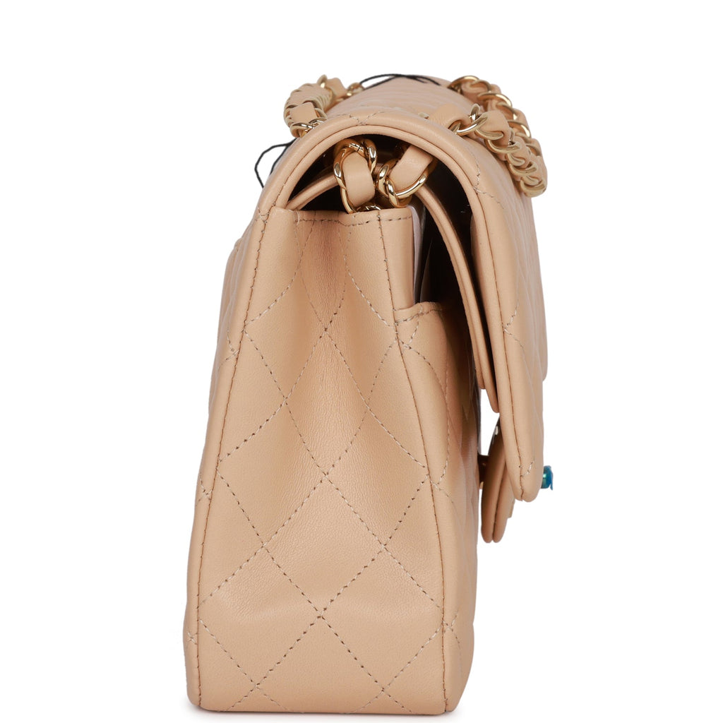 Chanel Medium Classic Double Flap Bag Beige Iridescent Caviar Light Gold  Hardware