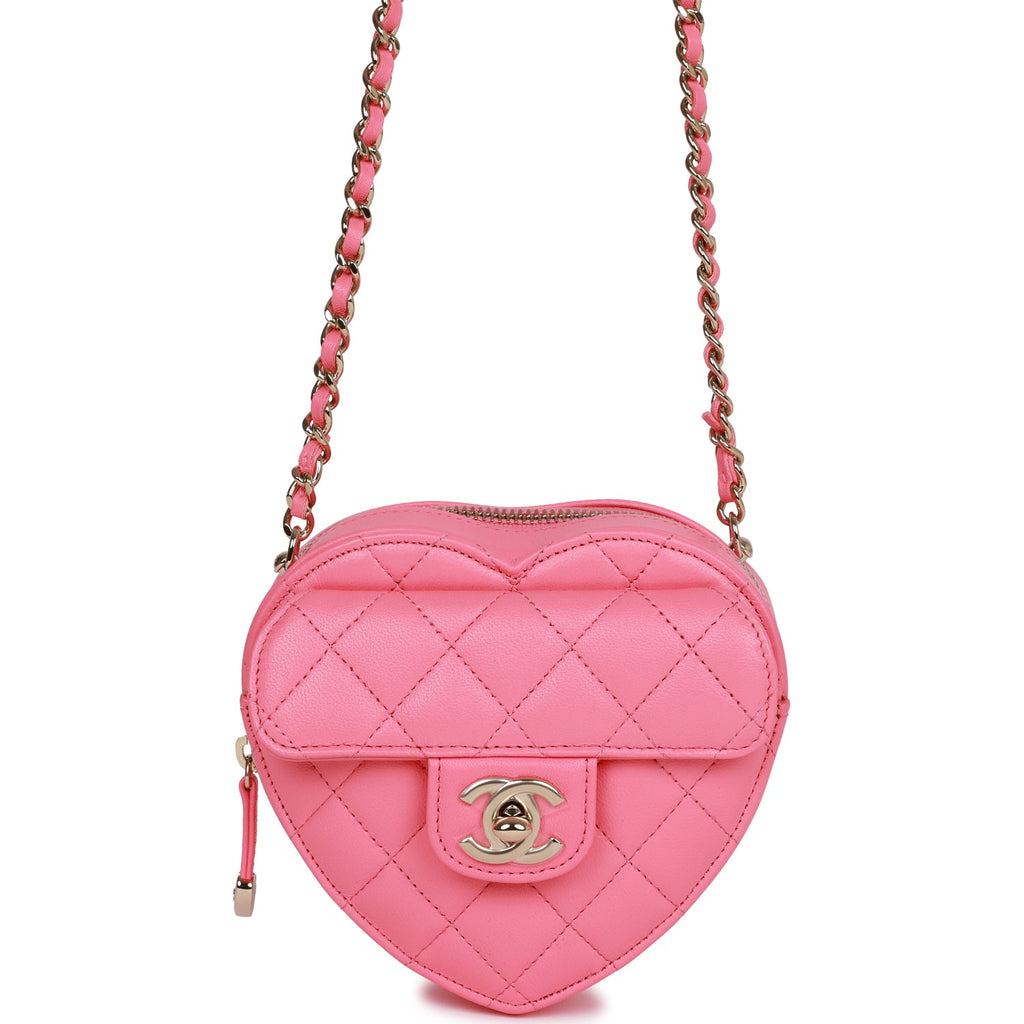 Chanel lambskin CC In Love Heart Coin Purse With Chain Pink