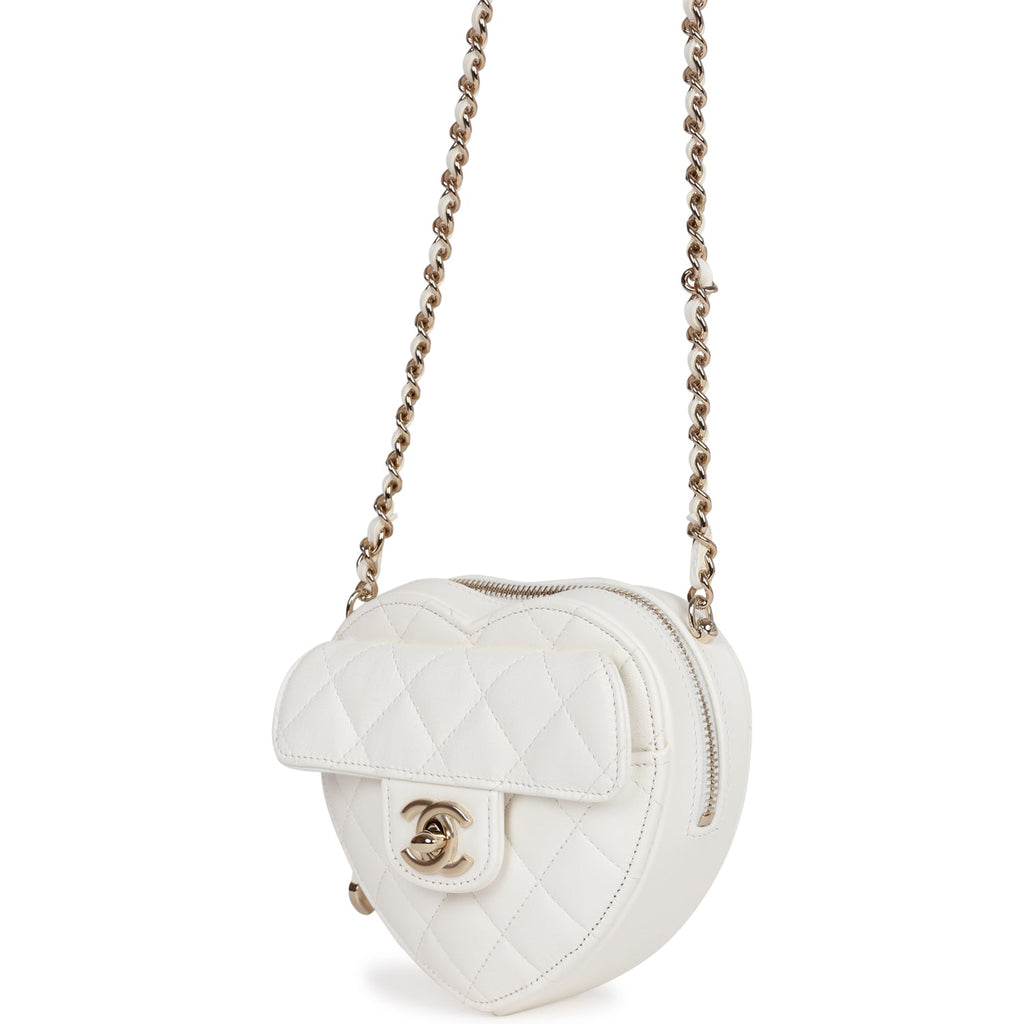 Chanel White Quilted Lambskin CC in Love Heart Bag Clutch on Chain