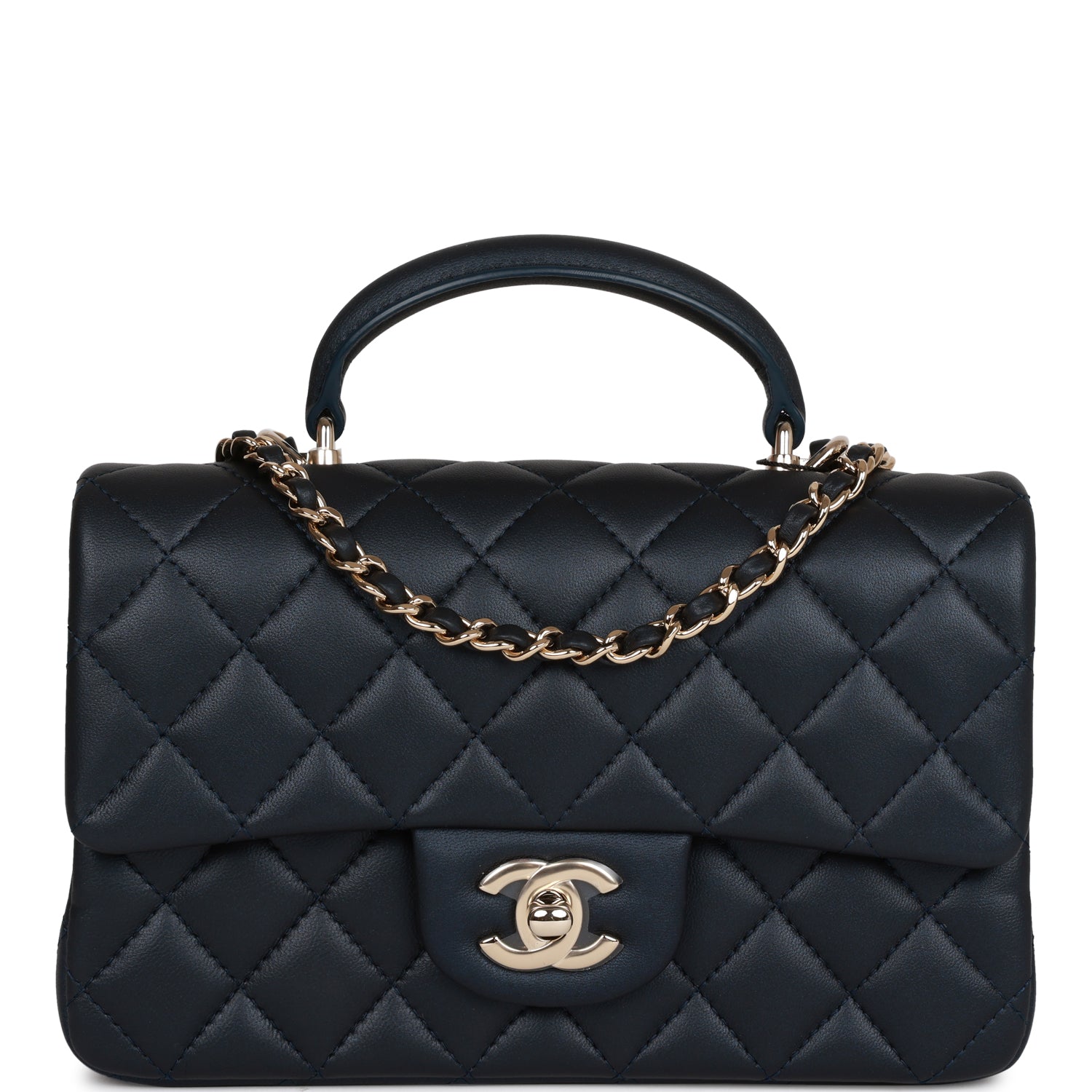 Chanel Dark Blue Lambskin Rectangular Mini Flap Top Handle Light Gold ...