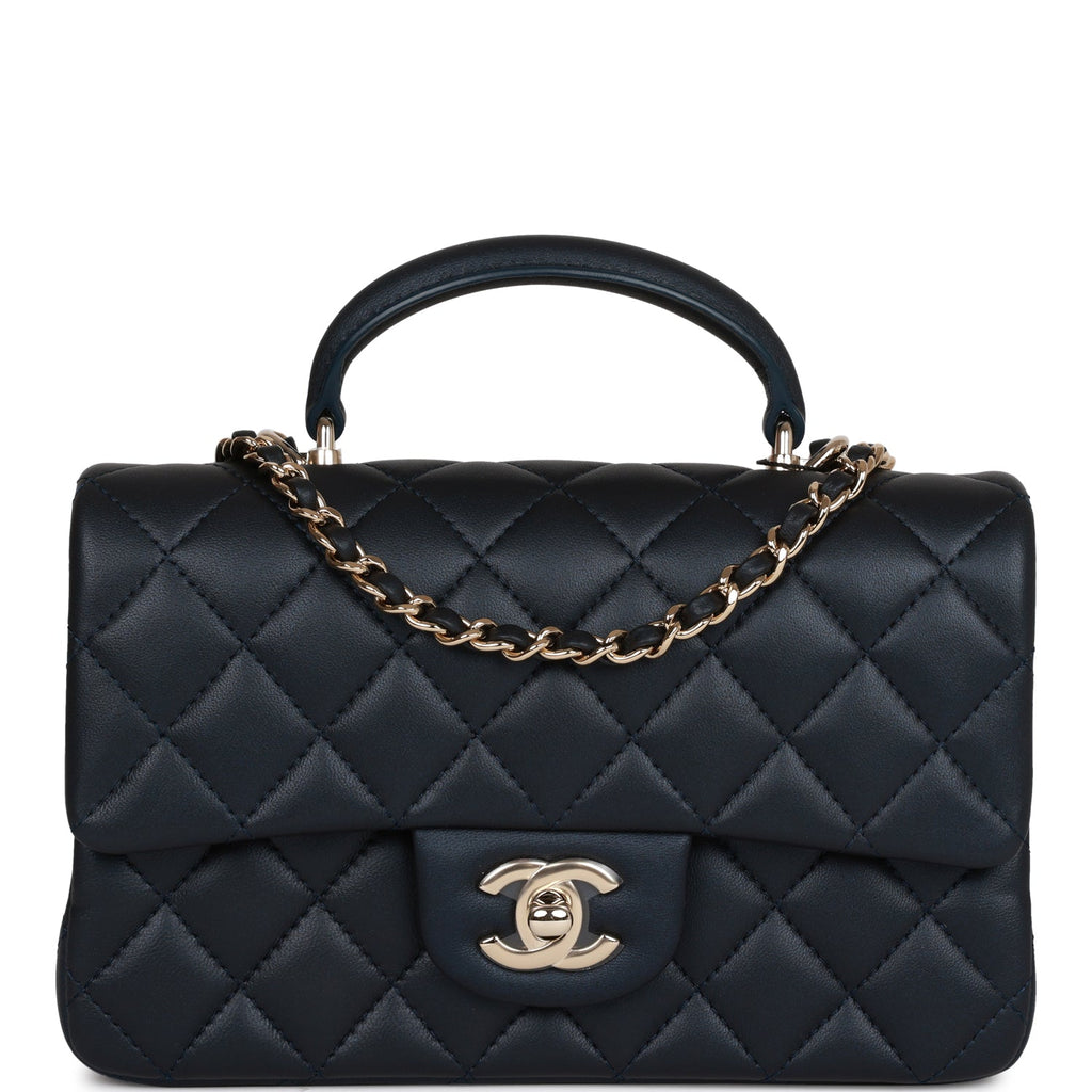 Chanel Navy Blue Quilted Lambskin Mini Flap Bag With Top Handle