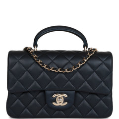 Chanel Mini Rectangular Flap Bag with Top Handle Dark Blue Lambskin Light Gold Hardware