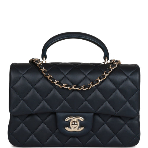 Chanel Mini Rectangular Flap Bag with Top Handle Dark Blue Lambskin Light Gold Hardware