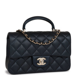 Chanel Mini Rectangular Flap Bag with Top Handle Dark Blue Lambskin Light Gold Hardware