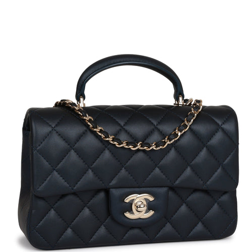 Chanel Mini Rectangular Flap Bag with Top Handle Dark Blue Lambskin Light Gold Hardware