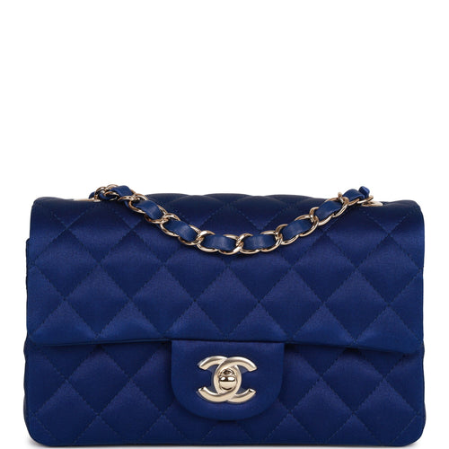 Chanel Mini Rectangular Flap Bag Blue Satin Light Gold Hardware