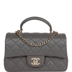 Chanel Mini Rectangular Flap Bag with Top Handle Dark Grey Lambskin Light Gold Hardware