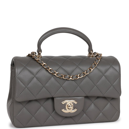 Chanel Mini Rectangular Flap Bag with Top Handle Dark Grey Lambskin Light Gold Hardware