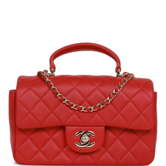 Chanel Mini Rectangular Flap Bag with Top Handle Red Lambskin Light Gold Hardware