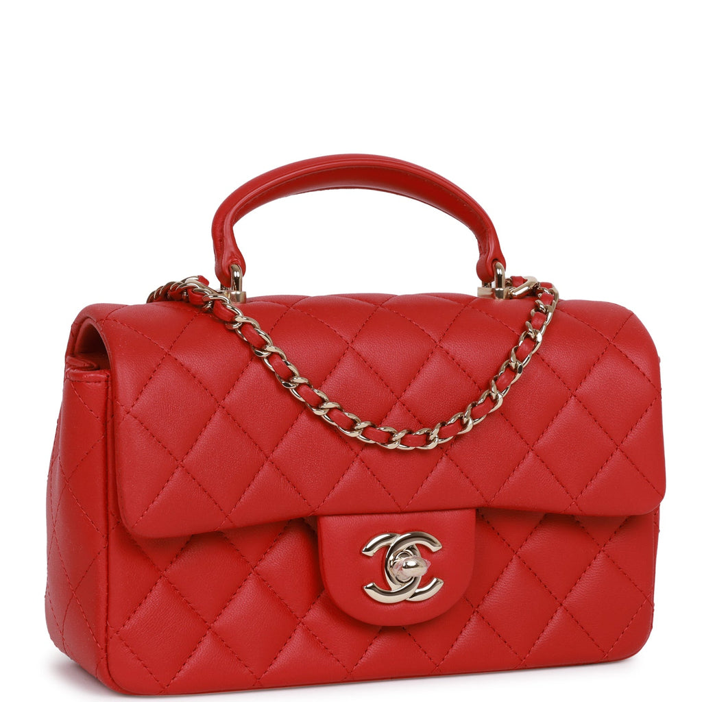 Chanel Red Lambskin Mini Flap Top Handle Light Gold Hardware –