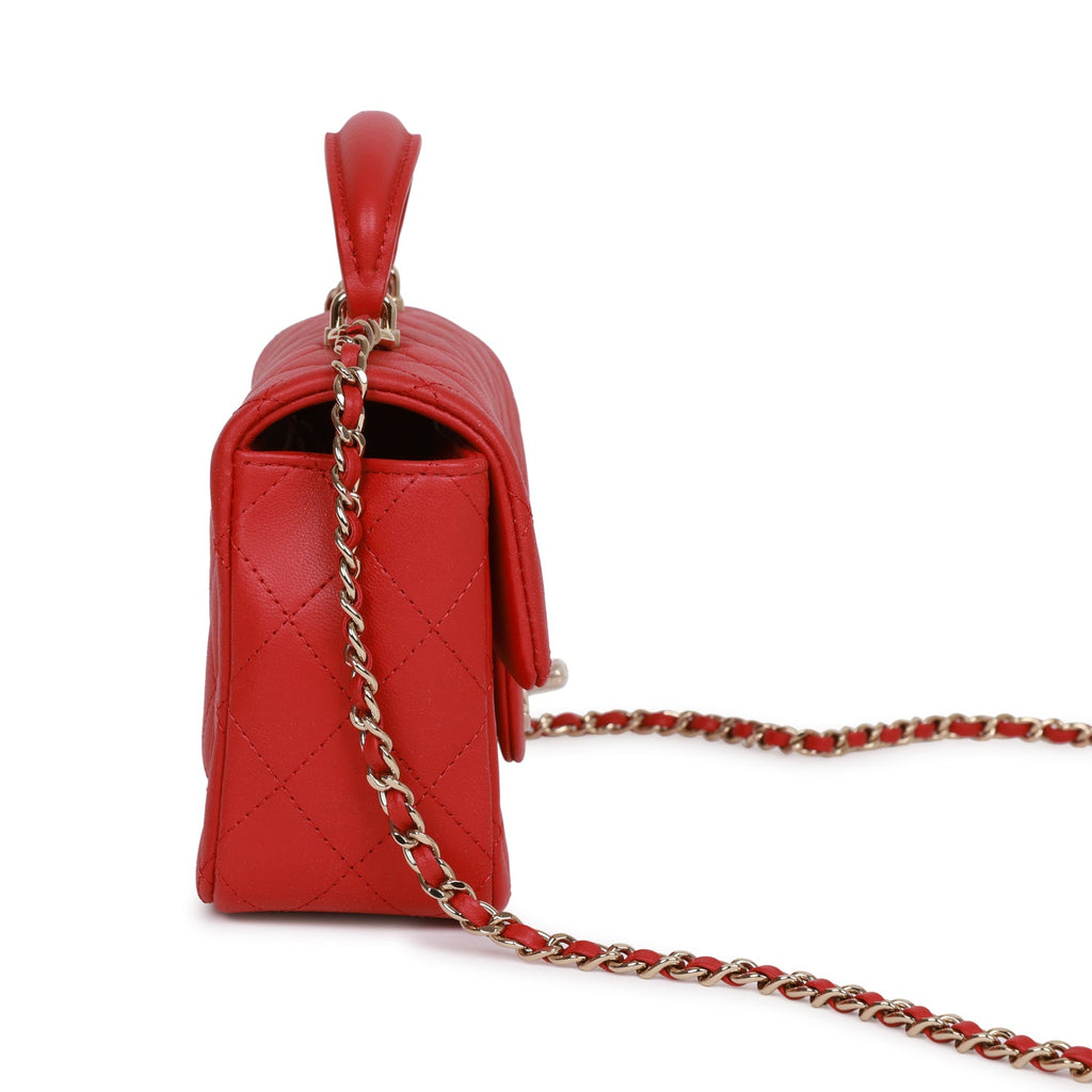 Chanel Red Lambskin Mini Flap Top Handle Light Gold Hardware –