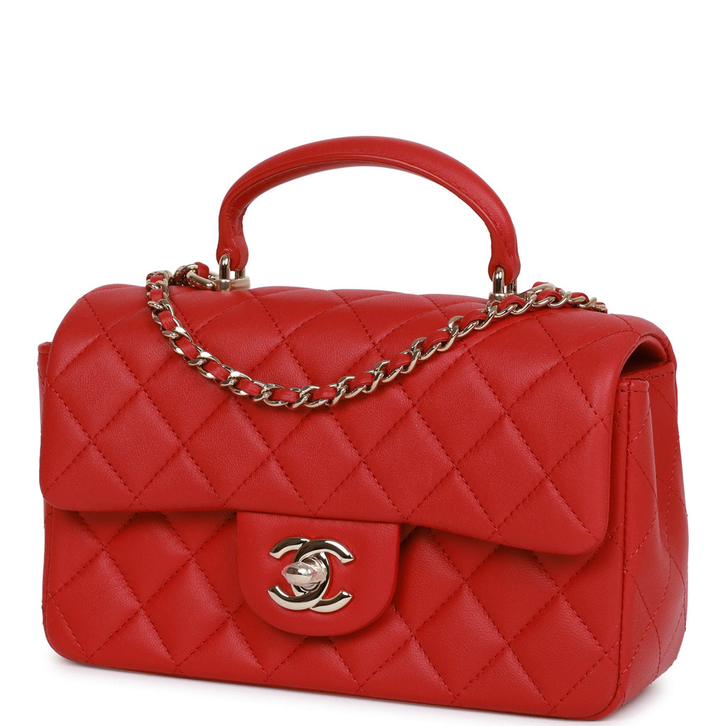 Chanel Red Lambskin Rectangular Mini Flap Top Handle Light Gold
