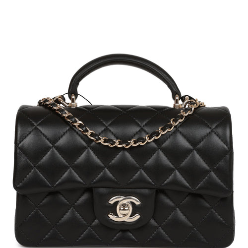 Chanel Mini Rectangular Flap Bag with Top Handle Black Lambskin Light Gold Hardware