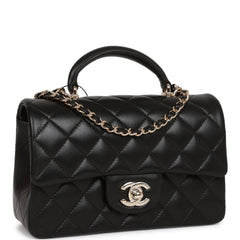 Chanel Mini Rectangular Flap Bag with Top Handle Black Lambskin Light Gold Hardware