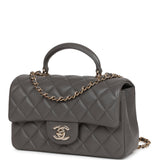 Chanel Mini Rectangular Flap Bag with Top Handle Dark Grey Lambskin Light Gold Hardware