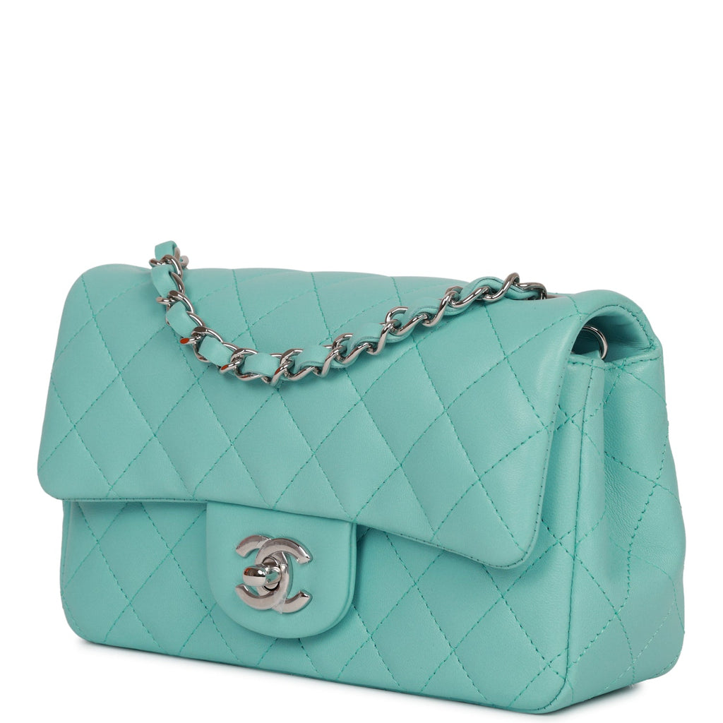 Chanel Mini Rectangular Flap Bag Turquoise Lambskin Silver Hardware