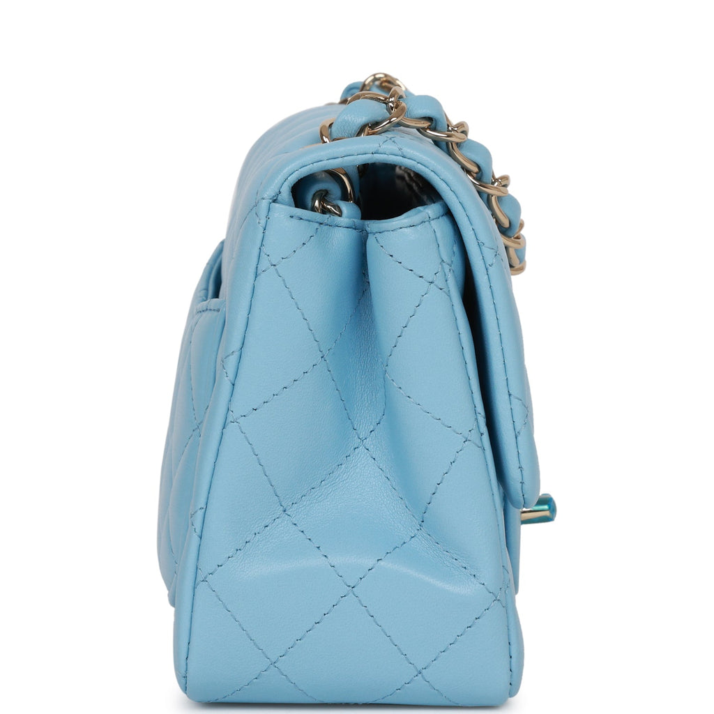 Chanel Light Blue Quilted Lambskin Mini Square Classic Flap Pale Gold Hardware, 2022 (Like New), Womens Handbag