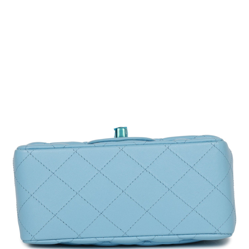 Chanel Lambskin Quilted Top Handle Flap Coin Purse with Chain Light Blue