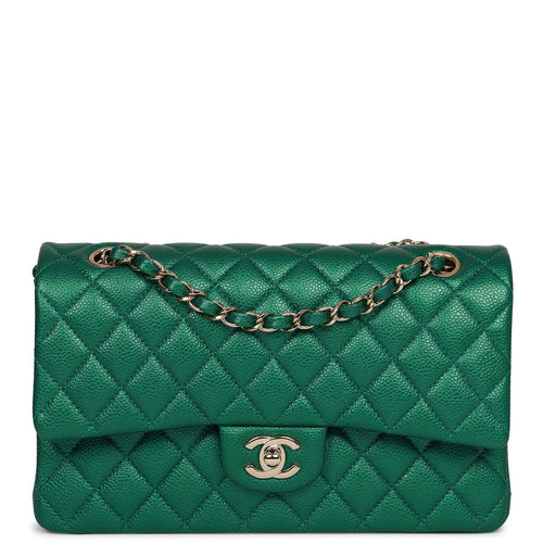 Pre-owned Chanel Medium Classic Double Flap Bag Green Metallic Caviar Light Gold Hardware