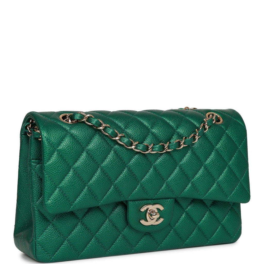 Pre-owned Chanel Medium Classic Double Flap Bag Green Metallic Caviar Light  Gold Hardware
