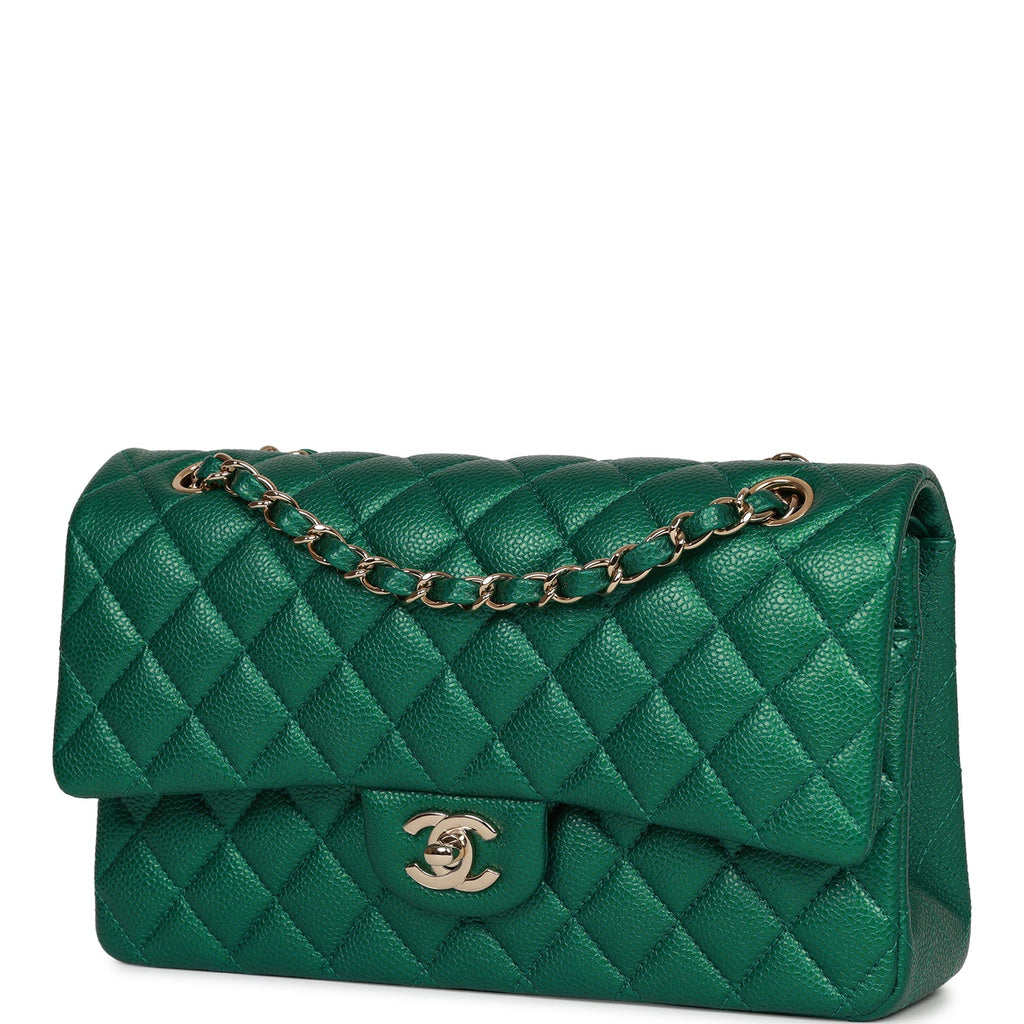 Chanel Metallic Pearly Green Quilted Caviar Jumbo Classic Double Flap Light Gold Hardware, 2018 (Very Good), Green/Silver Womens Handbag