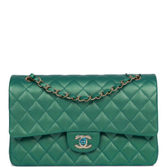 Chanel Medium Classic Double Flap Bag Green Iridescent Lambskin Light Gold Hardware