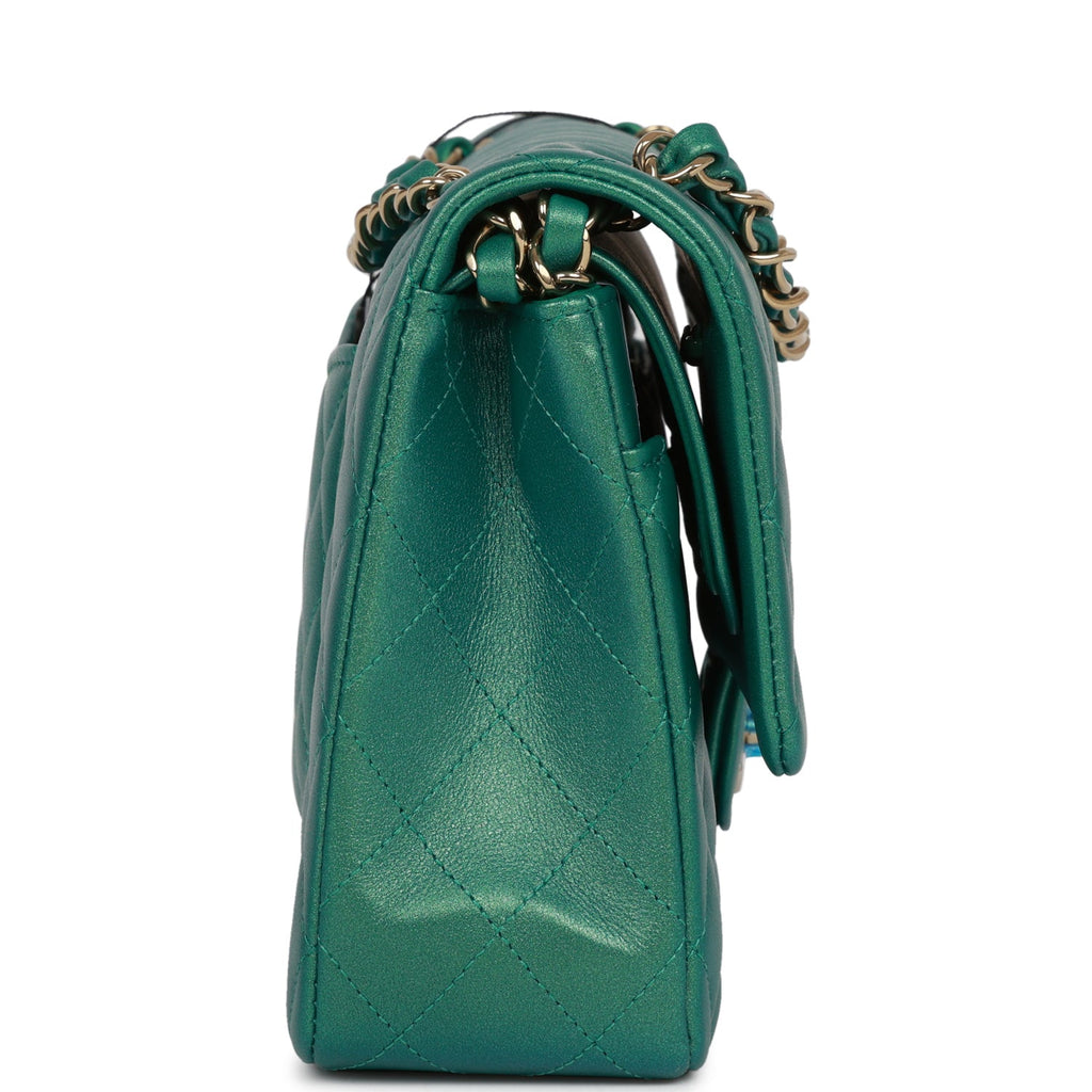 CHANEL Medium Classic Double Flap Bag Green Lambskin - Bellisa