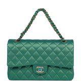 Chanel Medium Classic Double Flap Bag Green Iridescent Lambskin Light Gold Hardware
