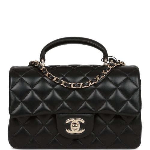 Chanel Mini Rectangular Flap Bag with Top Handle Black Lambskin Light Gold Hardware
