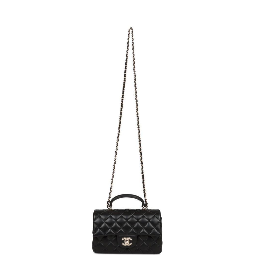 Chanel Mini Rectangular Flap Bag with Top Handle Black Lambskin Light Gold Hardware