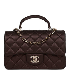 Chanel Mini Rectangular Flap Bag with Top Handle Burgundy Lambskin Light Gold Hardware