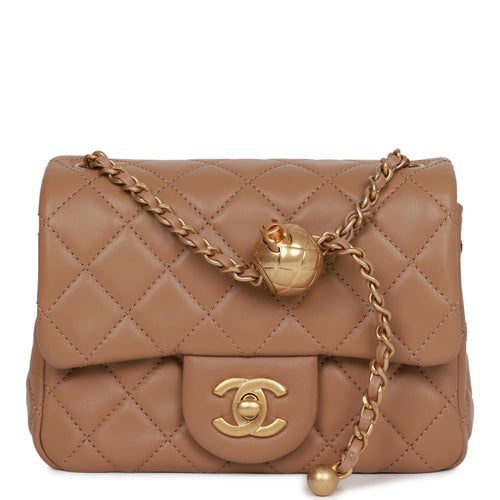 Chanel Pearl Crush Mini Square Flap Bag Beige Lambskin Antique Gold Hardware