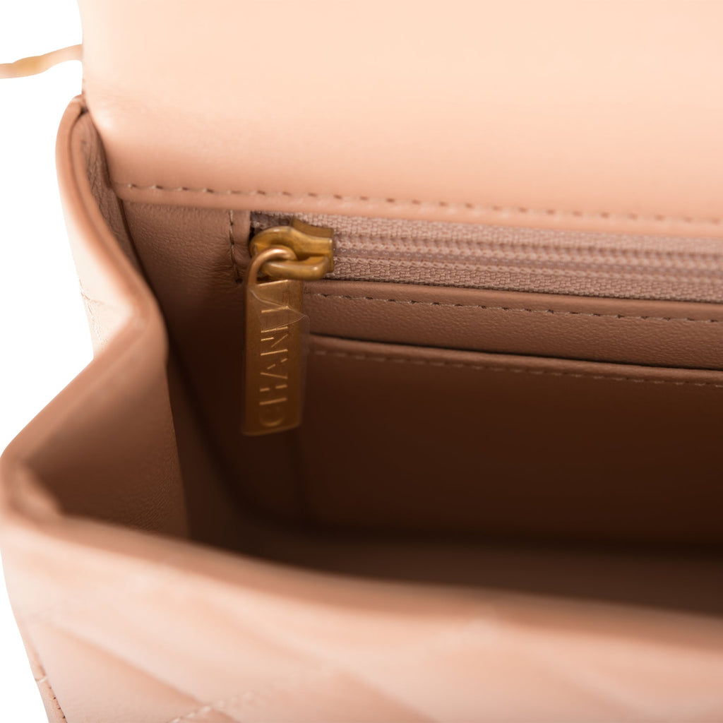 Chanel Mini Rectangular Flap with Top Handle Beige Lambskin Antique Gold Hardware