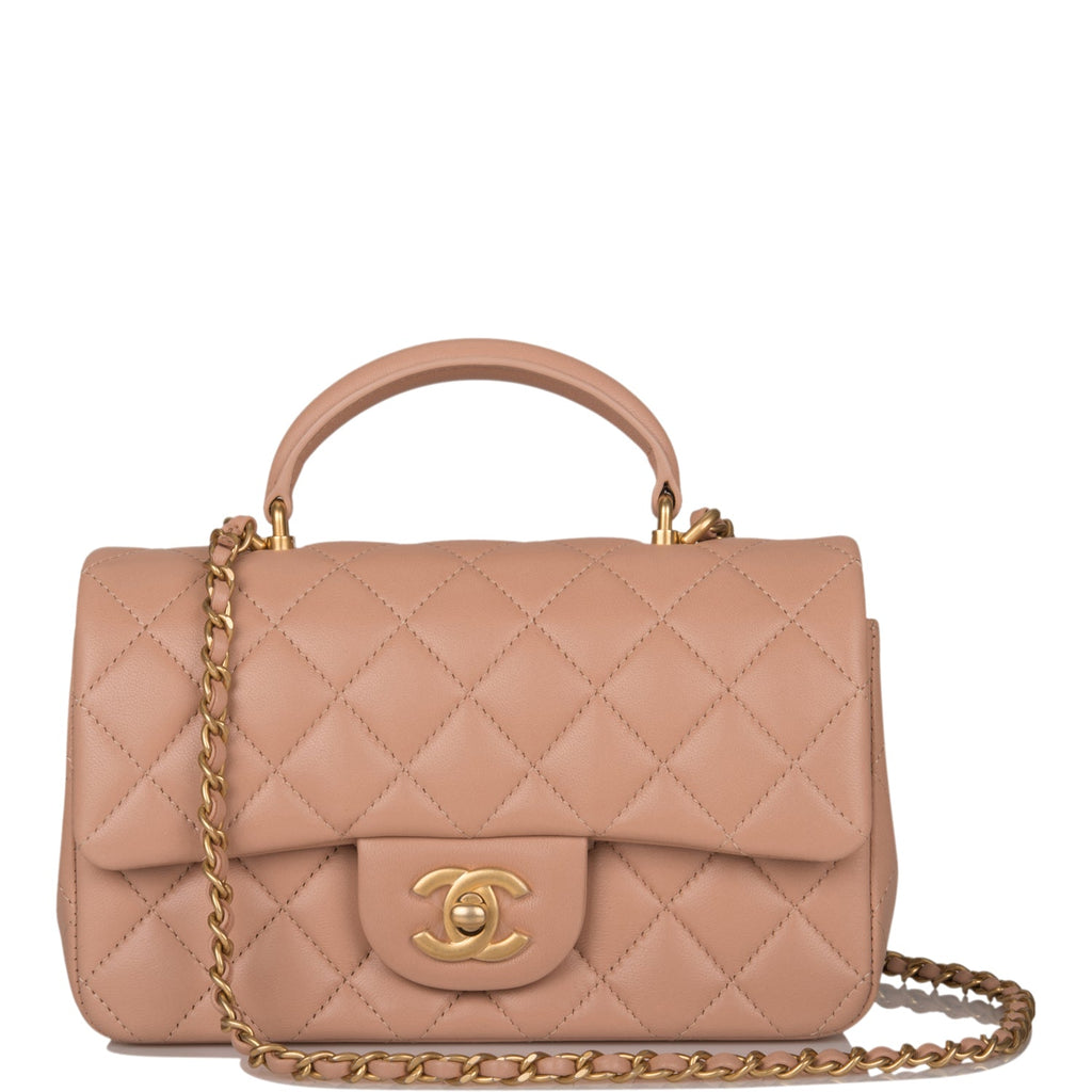 Chanel Beige Quilted Lambskin Rectangular Mini Flap Bag Top Handle