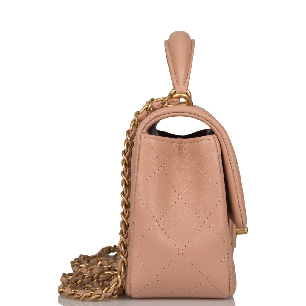 Lambskin & Gold-Tone Metal Pink Flap Bag with Top Handle