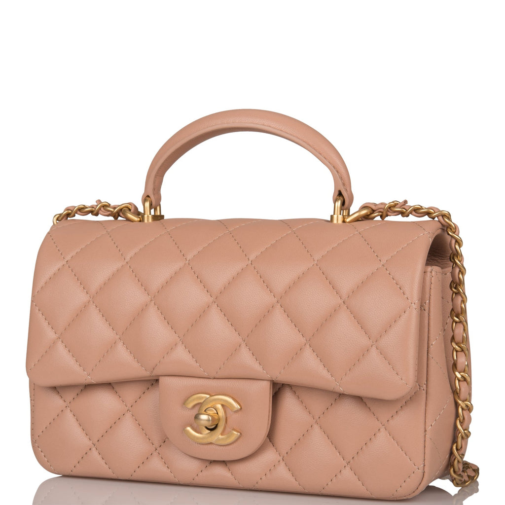 Chanel Beige Quilted Lambskin Rectangular Mini Flap Bag Top Handle