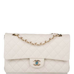 Chanel White Quilted Caviar Medium Classic Double Flap Bag Light Gold Hardware