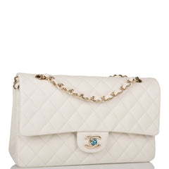 Chanel White Quilted Caviar Medium Classic Double Flap Bag Light Gold Hardware