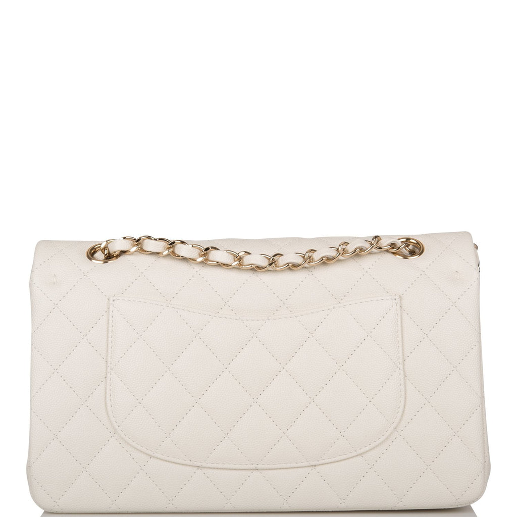 Chanel White Quilted Caviar Medium Classic Double Flap Bag Light Gold Hardware