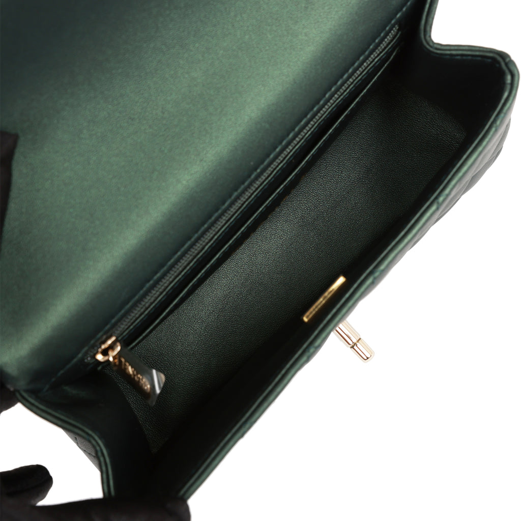Chanel Mini Rectangular Flap with Top Handle Dark Green Lambskin Light Gold Hardware