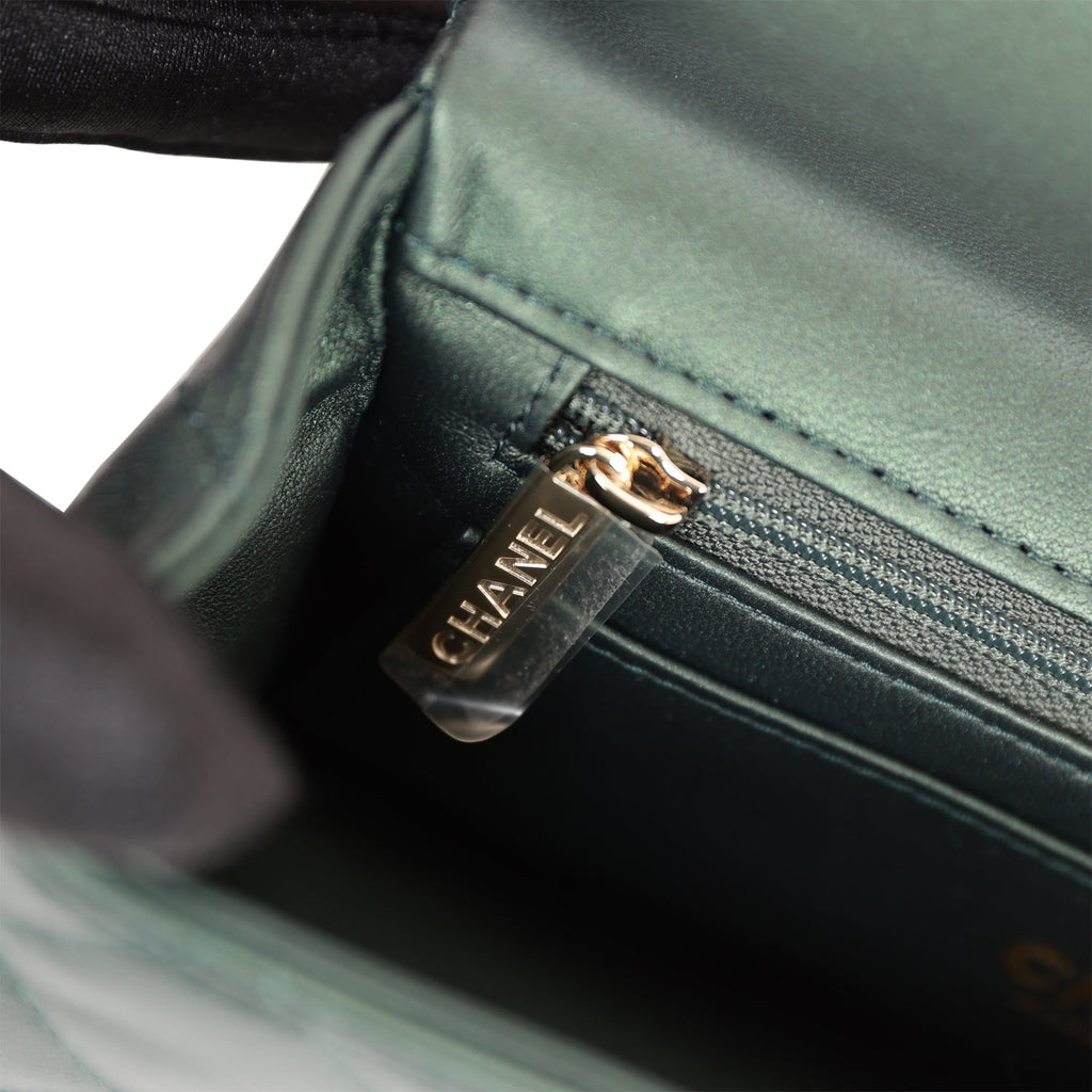Chanel Mini Rectangular Flap with Top Handle Dark Green Lambskin Light Gold  Hardware