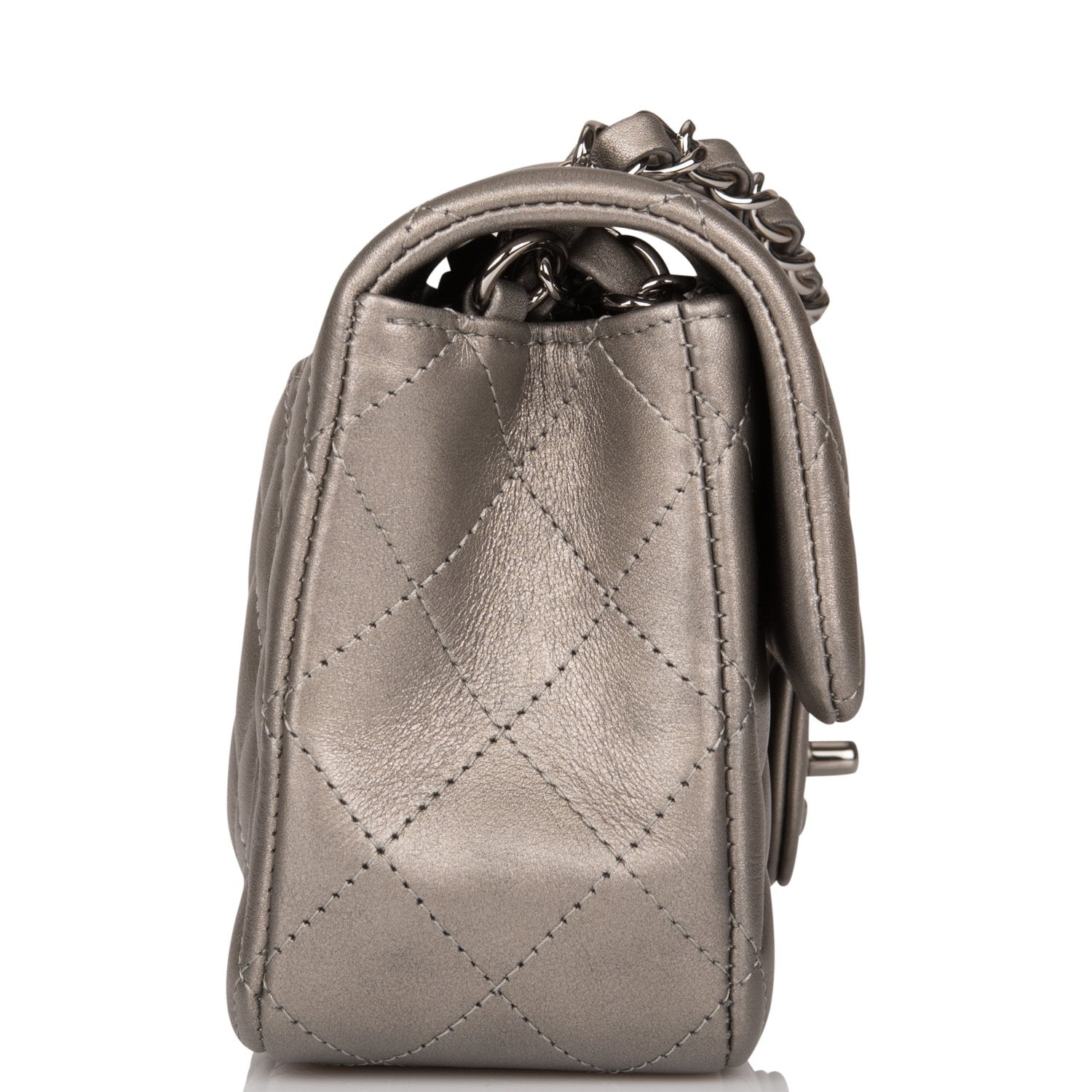 Chanel Mini Rectangular Flap Bag Ruthenium Metallic Lambskin Silver Ha
