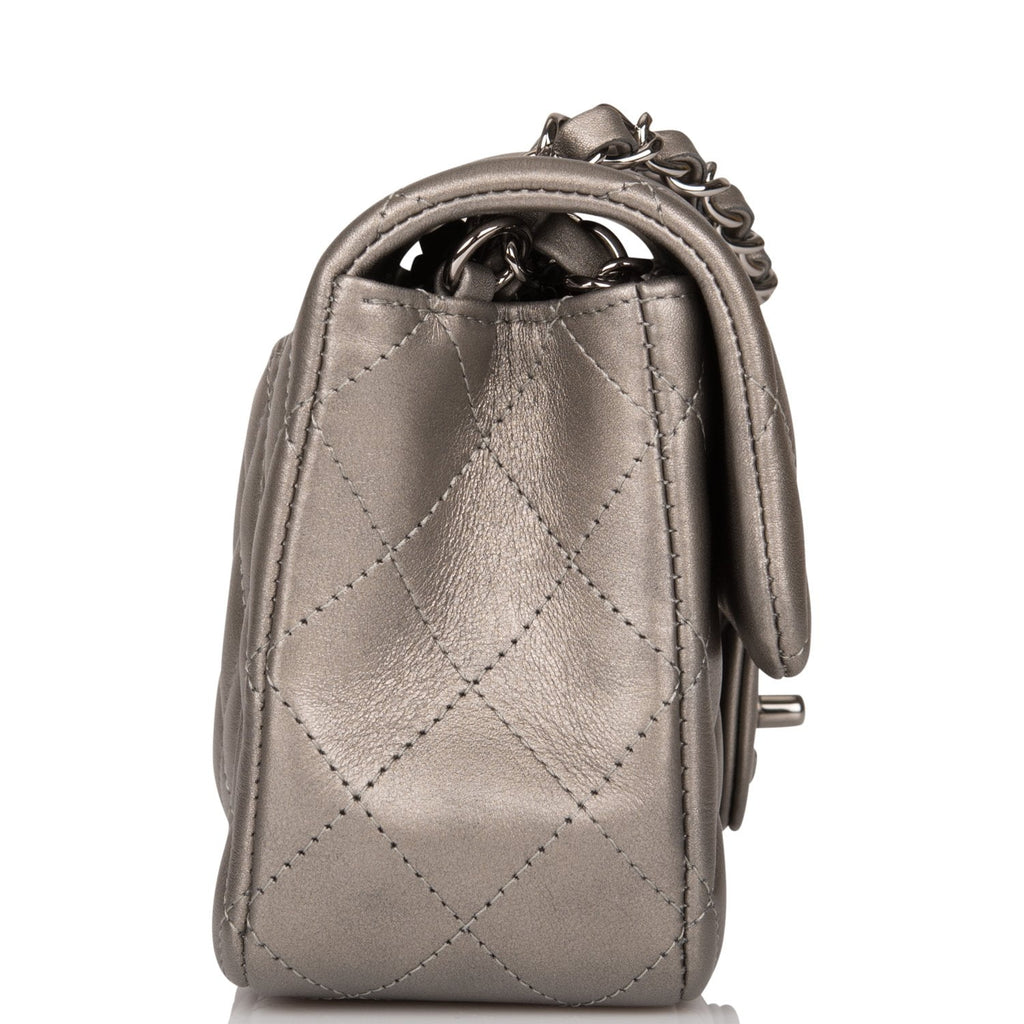 Chanel Mini Rectangular Flap Bag Ruthenium Metallic Lambskin Silver Hardware