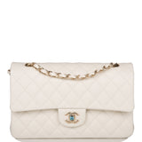 Chanel White Quilted Caviar Medium Classic Double Flap Bag Light Gold Hardware