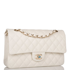 Chanel White Quilted Caviar Medium Classic Double Flap Bag Light Gold Hardware
