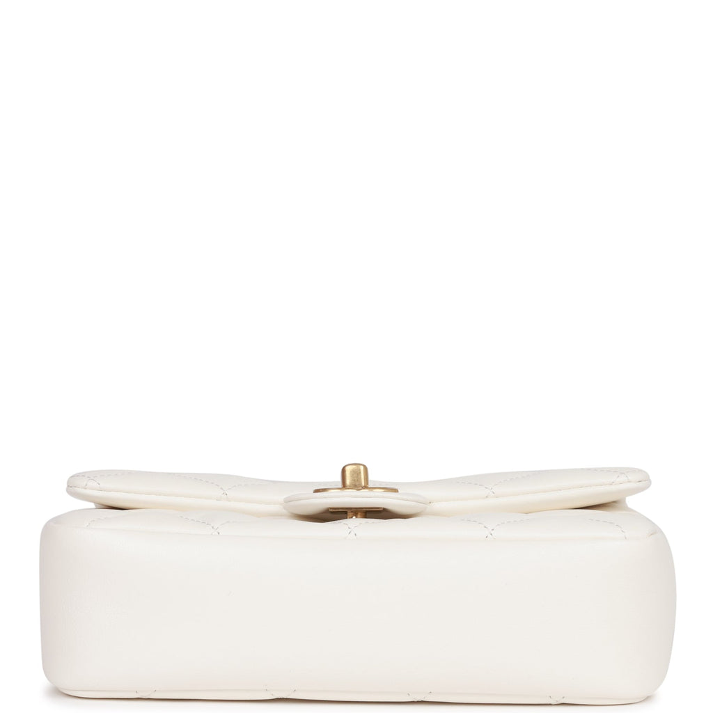 Chanel Mini Rectangular Flap Bag with Heart Chain White Lambskin Antique Gold Hardware