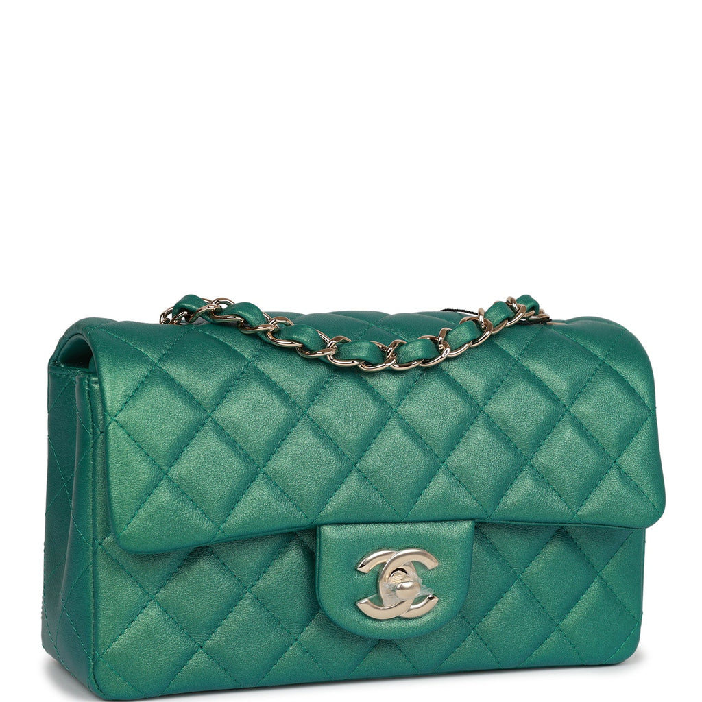 Chanel Green Lambskin Rectangular Mini Classic Flap Light Gold Hardware