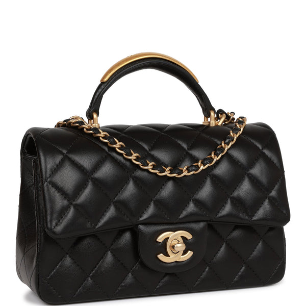 Small flap bag with top handle, Tweed, lambskin & gold metal, black & white  — Fashion | CHANEL