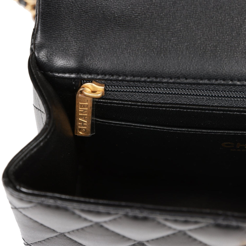 Black Quilted Lambskin Top Handle Flap Bag